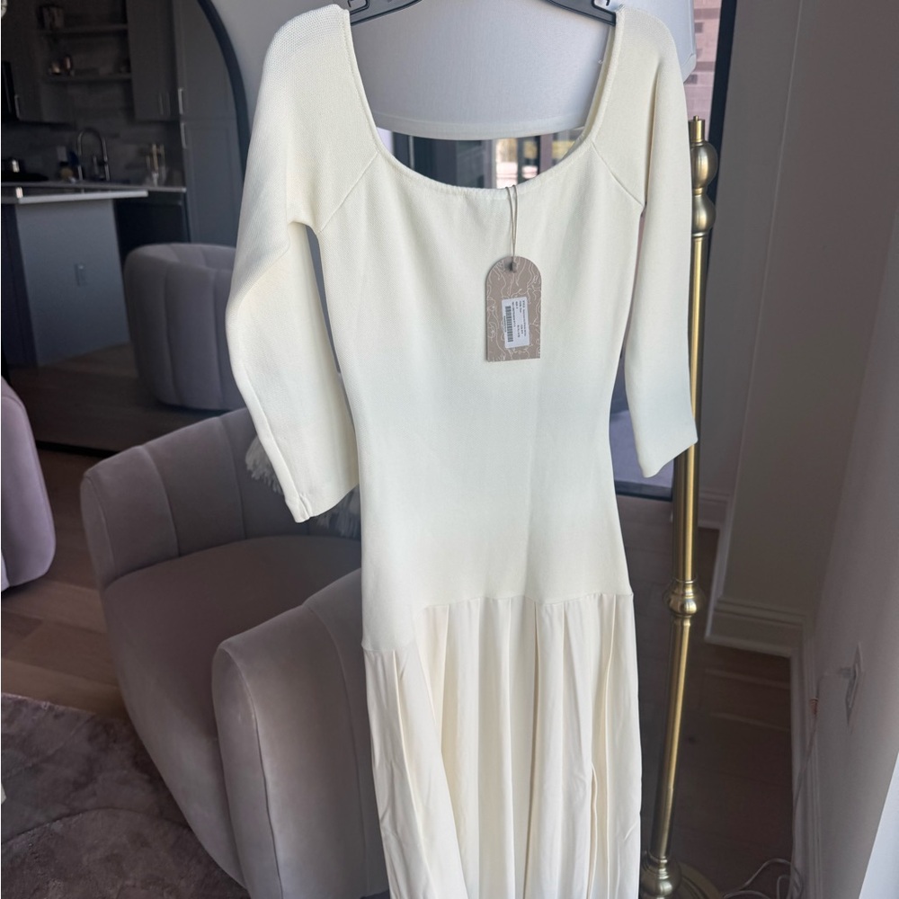 Presley - knit off shoulder dress - Meshki Cream Long Sleeve Dress